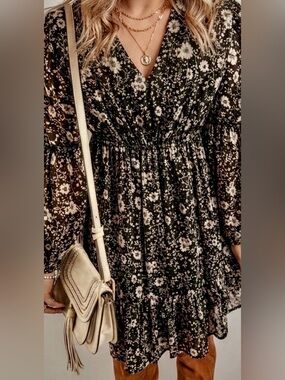 AND NOW THIS - Black Floral V-Neck Tiered Dress